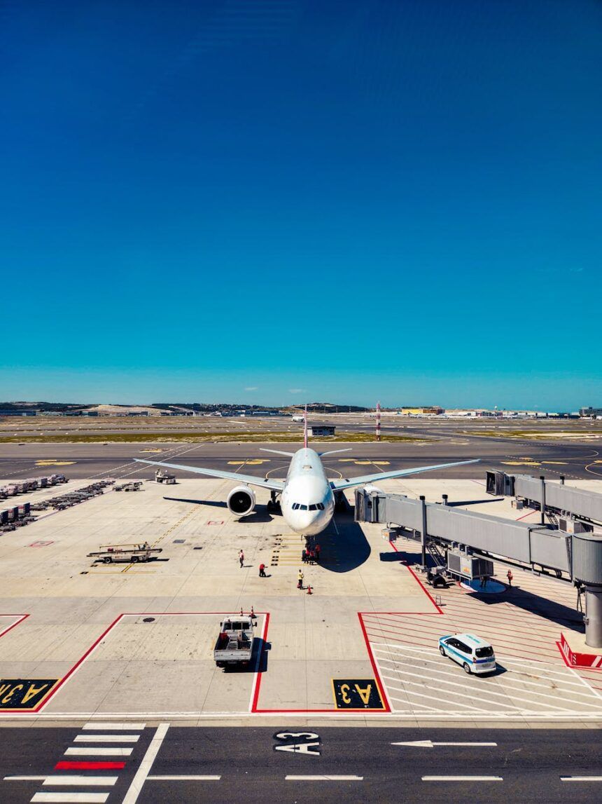 passenger airplane parked at a airport terminal
